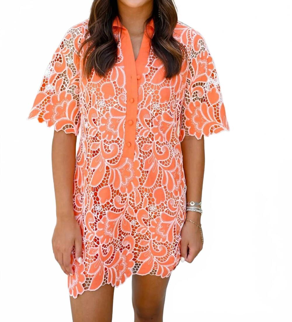NEW JADE citrus lace placket short sleeve dress in orange